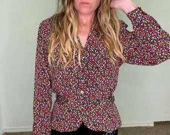 Vintage 1970s 70s, Liz Claiborne, confetti, polka dot, vibrant bold, colorful, peplum blouse, belted, button down, sexy sophisticate, gift