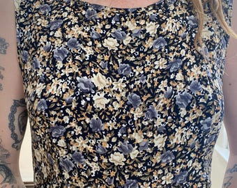 Vintage 1990s 90s, Molly Malloy, printed floral, maxi dress, sleeveless, summer, layering, empire waist, black cream, romantic