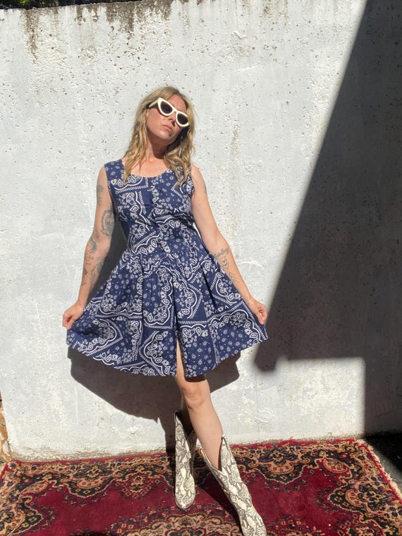 Vintage 1990s 90s, Passports, Pier one, bandana dress, blue, printed, sleeveless, fitted, country western, cowgirl, summer, cotton