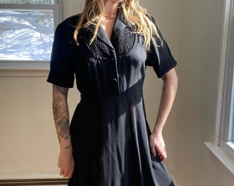 Vintage 1940s 40s, black rayon, midi dress, smocked details, button down, short sleeve, well constructed, classic, hollywood