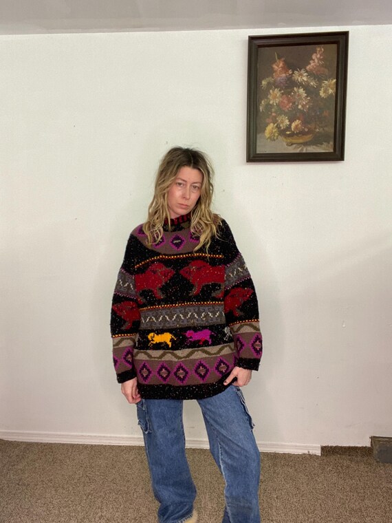 Vintage 1980s 80s, susann d, hand knit, wool sweater, pullover, magical, unicorns, bulls, pink yellow, black, rolled neck, gift, christmas View 3