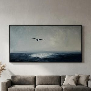 Moody Ocean Painting, Dark Minimalist Seascape Wall Art, Flying Bird Canvas, Grey Navy Coastal Bedroom Decor, Serene Abstract Wall Art Decor
