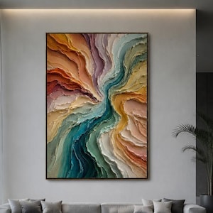 Pode incluir: Uma grande peça de arte de parede retangular com uma pintura a óleo de textura impasto espessa, apresentando ondas rodopiantes de cores, incluindo azul-petróleo profundo, azul oceano, pêssego suave, laranja quente e branco creme.