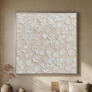 White Floral Painting, Heavy Impasto Wall Art, Neutral Textured Canvas, Minimalist Boho Flower Art, Beige Bedroom Decor, Botanical Wall Art