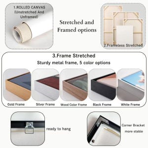 May include: Image showcasing canvas options: rolled, unstretched, and unframed; frameless stretched; and frame stretched with a sturdy metal frame in gold, silver, wood color, black, and white. Includes text: "ready to hang" and "corner bracket more stable."