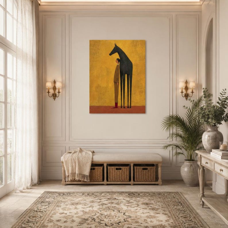 Large Black Horse Painting, Minimalist Equestrian Wall Art, Abstract Animal Canvas Decor, Folk Art Figure Painting, Living room Wall Decor