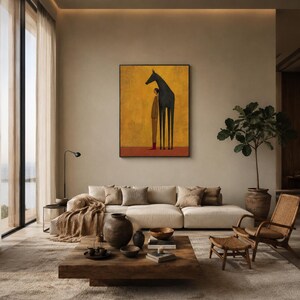 Large Black Horse Painting, Minimalist Equestrian Wall Art, Abstract Animal Canvas Decor, Folk Art Figure Painting, Living room Wall Decor