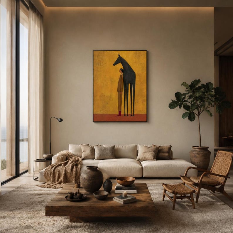 Large Black Horse Painting, Minimalist Equestrian Wall Art, Abstract Animal Canvas Decor, Folk Art Figure Painting, Living room Wall Decor