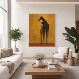 Large Black Horse Painting, Minimalist Equestrian Wall Art, Abstract Animal Canvas Decor, Folk Art Figure Painting, Living room Wall Decor
