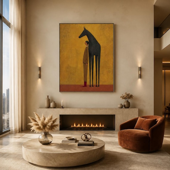 Large Black Horse Painting, Minimalist Equestrian Wall Art, Abstract Animal Canvas Decor, Folk Art Figure Painting, Living room Wall Decor