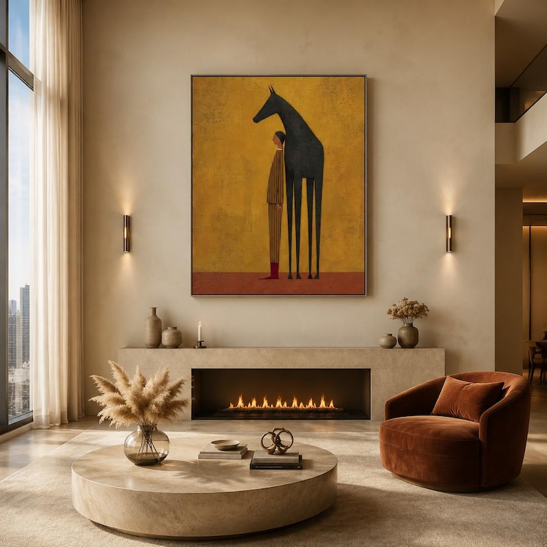 Large Black Horse Painting, Minimalist Equestrian Wall Art, Abstract Animal Canvas Decor, Folk Art Figure Painting, Living room Wall Decor