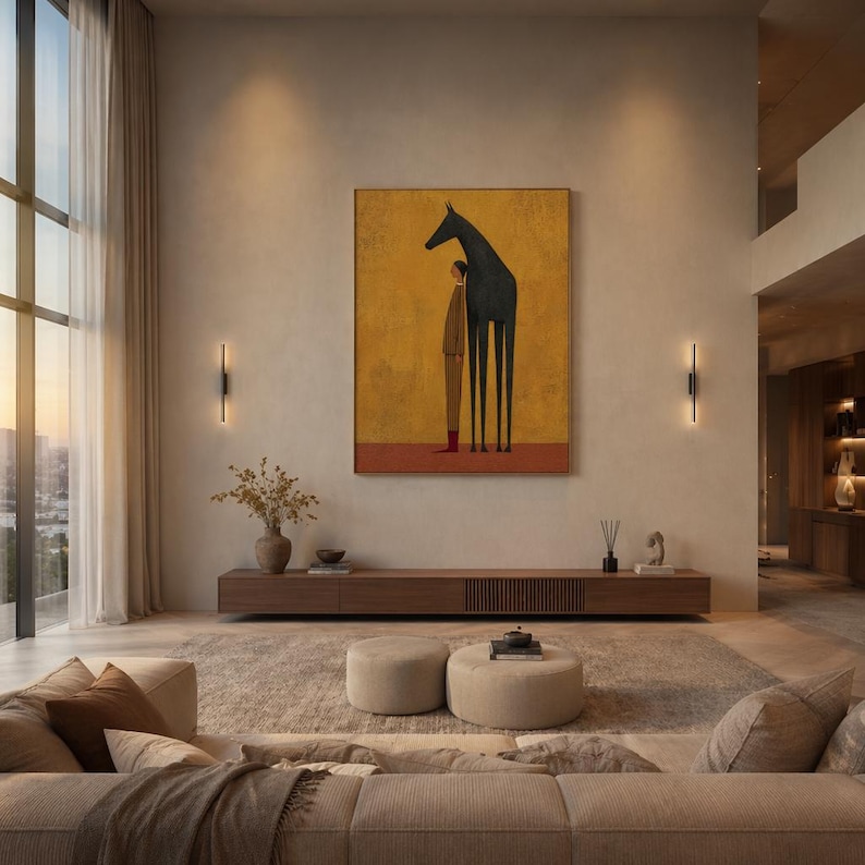 Large Black Horse Painting, Minimalist Equestrian Wall Art, Abstract Animal Canvas Decor, Folk Art Figure Painting, Living room Wall Decor