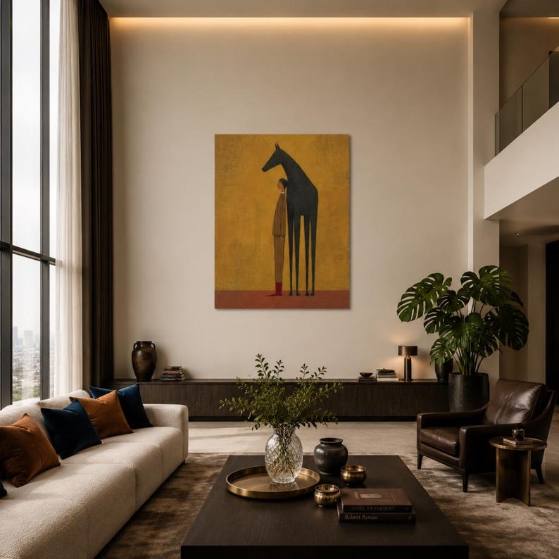 Large Black Horse Painting, Minimalist Equestrian Wall Art, Abstract Animal Canvas Decor, Folk Art Figure Painting, Living room Wall Decor