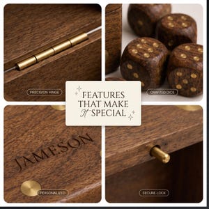 K&ouml;nnte beinhalten: Eine dunkle Holzbox mit einem Pr&auml;zisionsscharnier aus Messing, einem sicheren Messing-Verschlussstift und W&uuml;rfeln mit Messingpunkten. Die Au&szlig;enseite ist mit dem Namen JAMESON graviert. Der Text FEATURES THAT MAKE IT SPECIAL ist mittig platziert.