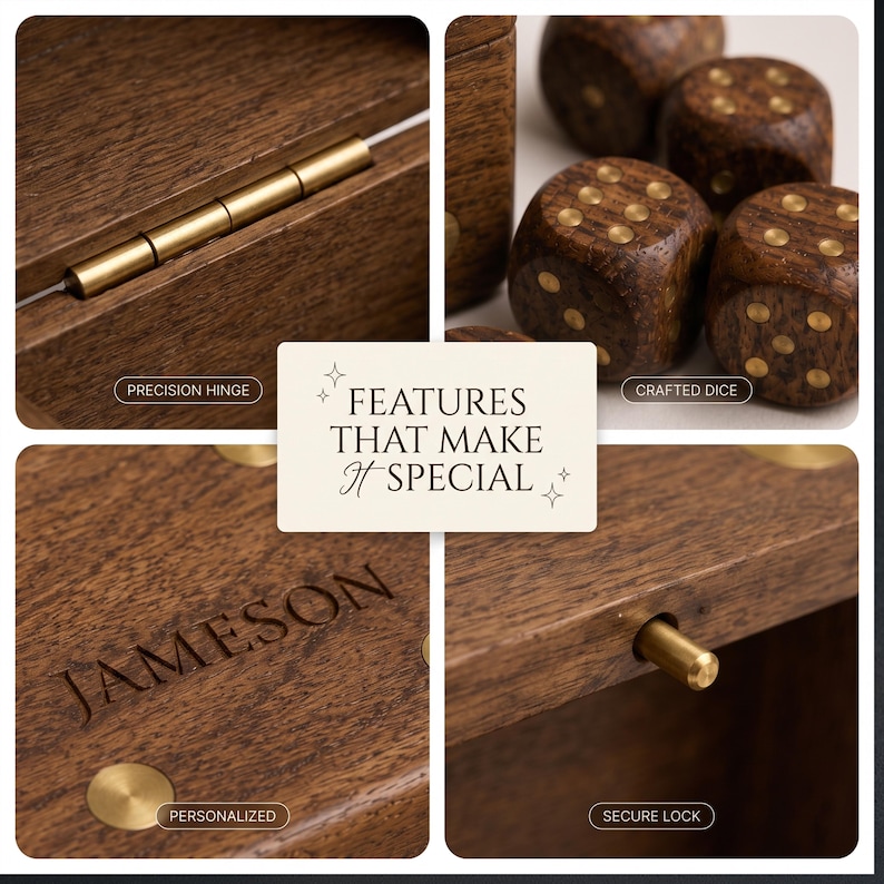 K&ouml;nnte beinhalten: Eine dunkle Holzbox mit einem Pr&auml;zisionsscharnier aus Messing, einem sicheren Messing-Verschlussstift und W&uuml;rfeln mit Messingpunkten. Die Au&szlig;enseite ist mit dem Namen JAMESON graviert. Der Text FEATURES THAT MAKE IT SPECIAL ist mittig platziert.