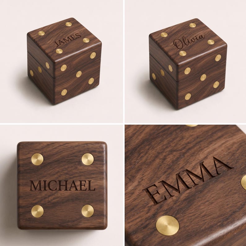 K&ouml;nnte beinhalten: Eine quadratische Holzkiste in W&uuml;rfelform mit dunkelbrauner Holzmaserung, die auf den Seiten und der Oberseite mit eingelegten runden Messingpunkten versehen ist. Der Deckel ist mit verschiedenen Namen wie James, Olivia, Michael und Emma graviert.