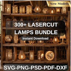 Puede incluir: Una estantería de madera exhibe varias lámparas cortadas con láser de diferentes formas. Las lámparas están iluminadas, mostrando diseños intrincados. La imagen incluye texto que dice "300+ LASERCUT LAMPS BUNDLE" y "Instant Download."