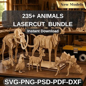 May include: Wooden laser-cut animal models, including an elephant, deer, and duck, are displayed on a wooden table. The image features the text "235+ ANIMALS LASERCUT BUNDLE" and "Instant Download". The models are in various sizes and shapes, with a Stegosaurus and a deer.