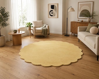 Scalloped Round Yellow Area Rug - Soft Minimalist Japandi Circle Mat