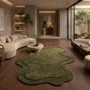 May include: A modern living room featuring a large, olive green, organic-shaped rug with a dark green border. The room includes a curved beige sofa, a round coffee table, and a wooden entertainment center. A large window overlooks an outdoor garden.