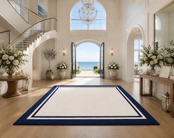 Hand Tufted Wool Rug, Ivory Center, Navy Double Border, Coastal Entryway Area Rug