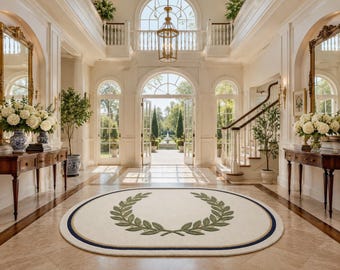 Hand Tufted Wool Oval Rug | Laurel Wreath Botanical Entryway Carpet