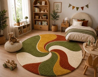 Handmade Swirl Tufted Rug | Earth Tone Boho Wave Area Carpet