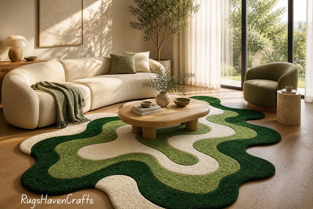 Green Abstract Organic Shape Tufted Rug, Modern Irregular Living Room ...