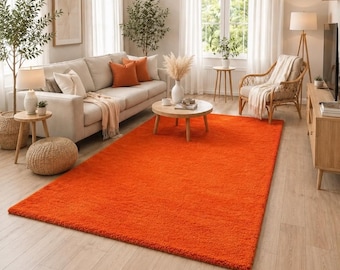 Handgetufteter Wollteppich - lebhafter oranger Plüschteppich, Boho Mid Century Modern Wohnzimmer
