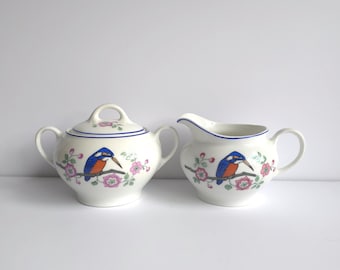 Z.S.AND Co. Bavaria Mid-Century Porcelain Creamer Sugar Bowl Set with Birds & Blue Trim