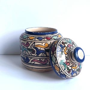Moroccan F.Fes Pottery Lidded Jar - Vintage Handmade Ceramic Spice Dish with Lid