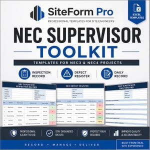 Puede incluir: Imagen promocional del NEC Supervisor Toolkit de SiteForm Pro. La imagen muestra el texto "NEC SUPERVISOR TOOLKIT" y "TEMPLATES FOR NEC3 & NEC4 PROJECTS". Incluye ejemplos de formularios de inspección, registro de defectos y registro diario, con el lema "Record, Manage, Deliver."