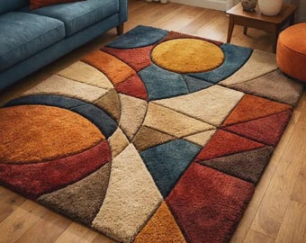 Mid Century Abstract Hand Tufted Rug for Living Room, Timeless Geometric Wavy 3D Tufted Premium Handmade Carpet Shag Rug Decor Timeless Art.