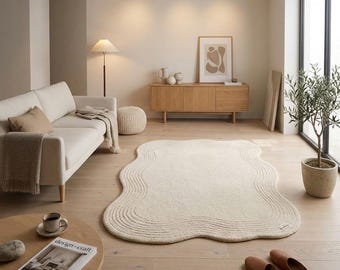 Irregular Shape Cream Plush Rug, Soft Cozy Modern Floor Mat.
