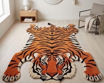 Hand Tufted Tiger Rug, Animal Shape Area Carpet, Bold Orange Black Statement Decor for Living Room, Kids Room, Modern Jungle Style.