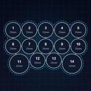 Puede incluir: Un diagrama sobre un fondo azul oscuro con un patr&oacute;n de cuadr&iacute;cula. Presenta 14 c&iacute;rculos blancos, cada uno con un n&uacute;mero y tama&ntilde;o en mm. Los c&iacute;rculos est&aacute;n dispuestos en un grupo, con algunos c&iacute;rculos que miden 25 mm y otros 32 mm.