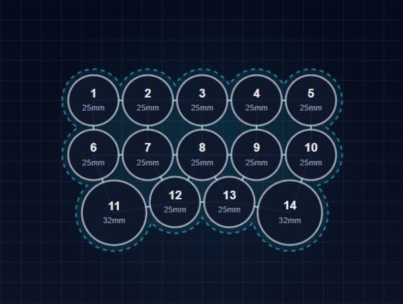 Puede incluir: Un diagrama sobre un fondo azul oscuro con un patr&oacute;n de cuadr&iacute;cula. Presenta 14 c&iacute;rculos blancos, cada uno con un n&uacute;mero y tama&ntilde;o en mm. Los c&iacute;rculos est&aacute;n dispuestos en un grupo, con algunos c&iacute;rculos que miden 25 mm y otros 32 mm.