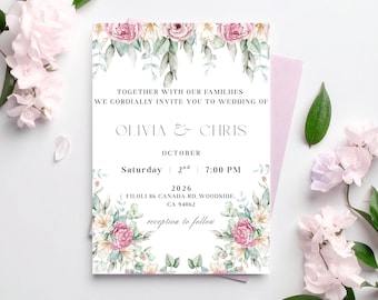Pastel Floral Wedding Invitation, Blush Pink Canva Template (Digital Download)