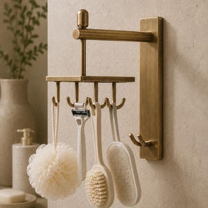 Solid Brass Wall Hook Rack, Rotating 4 Hook Organizer, Bathroom Storage Solution, Towel and Robe Holder, Antique Brass Decor