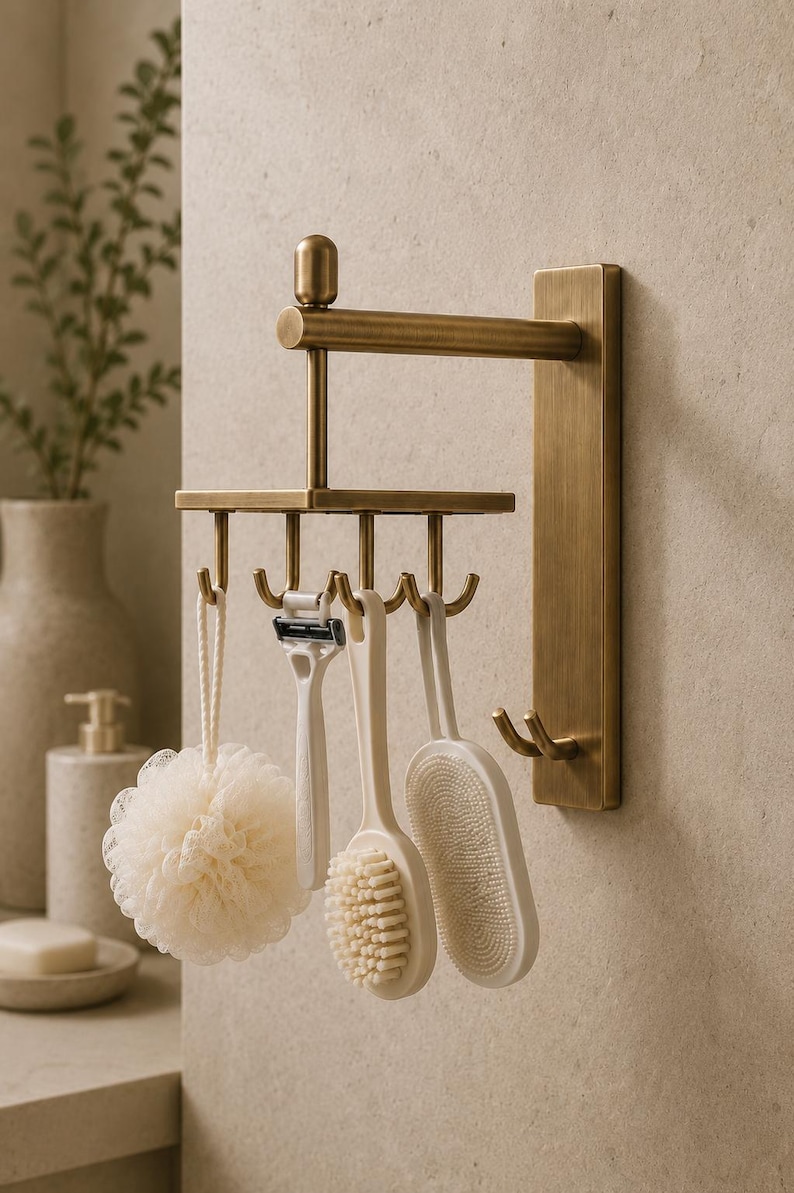 Solid Brass Wall Hook Rack, Rotating 4 Hook Organizer, Bathroom Storage Solution, Towel and Robe Holder, Antique Brass Decor