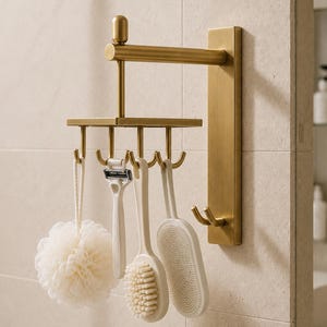 Solid Brass Wall Hook Rack, Rotating 4 Hook Organizer, Bathroom Storage Solution, Towel and Robe Holder, Antique Brass Decor