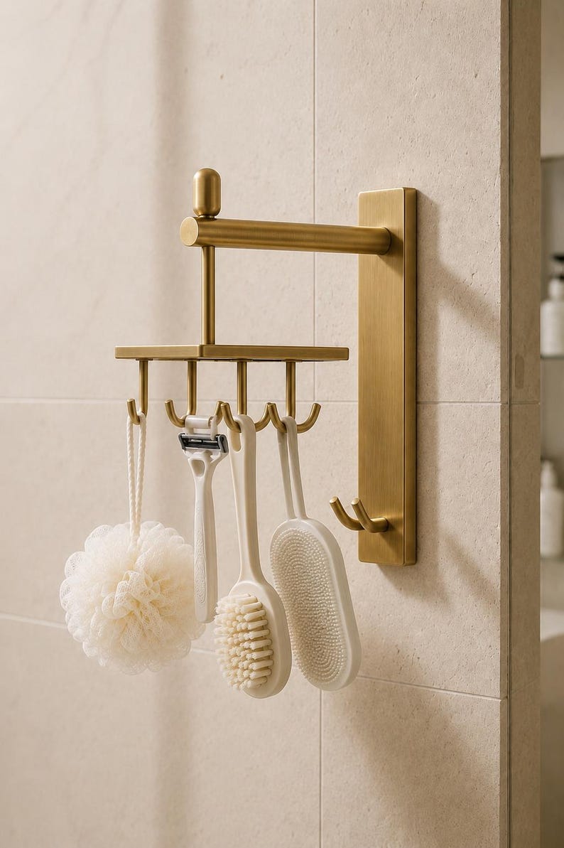 Solid Brass Wall Hook Rack, Rotating 4 Hook Organizer, Bathroom Storage Solution, Towel and Robe Holder, Antique Brass Decor