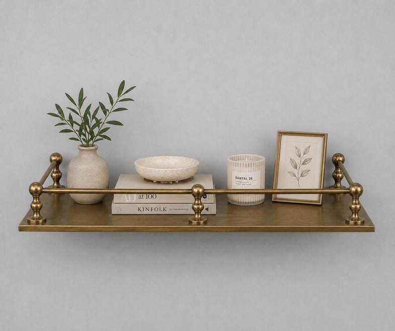 Modern Brass Wall Shelf | Minimalist Floating Bathroom Shelf | Decorative Metal Storage Rack