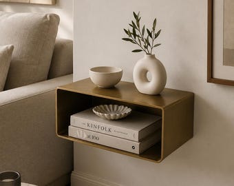 Modern Brass Floating Table | Wall Mounted Nightstand Shelf | Luxury Bedside Storage | Minimalist Bedroom Decor