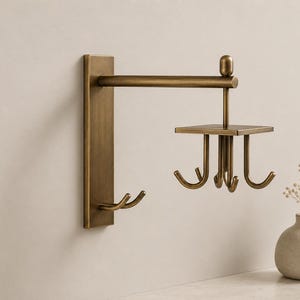 Solid Brass Wall Hook Rack, Rotating 4 Hook Organizer, Bathroom Storage Solution, Towel and Robe Holder, Antique Brass Decor
