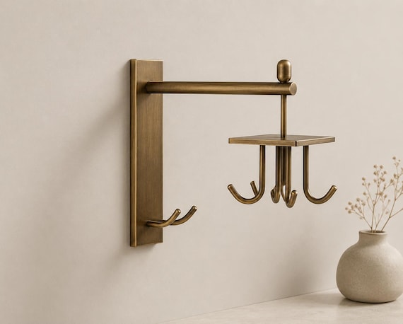 Solid Brass Wall Hook Rack, Rotating 4 Hook Organizer, Bathroom Storage Solution, Towel and Robe Holder, Antique Brass Decor