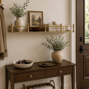 May include: A gold metal wall shelf with a railing, holding a beige vase with greenery, a framed landscape print, a wooden bowl, two books, and a glass candle. Below, a dark wood console table holds a ribbed bowl, a tray with keys, and a vase.