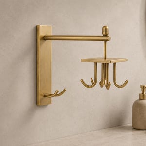 Solid Brass Wall Hook Rack, Rotating 4 Hook Organizer, Bathroom Storage Solution, Towel and Robe Holder, Antique Brass Decor