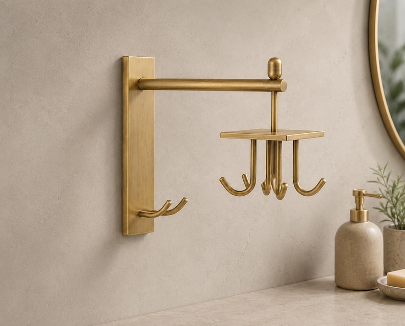 Solid Brass Wall Hook Rack, Rotating 4 Hook Organizer, Bathroom Storage Solution, Towel and Robe Holder, Antique Brass Decor