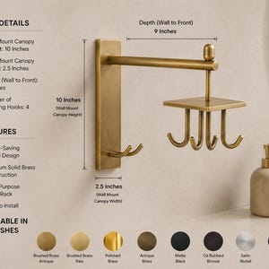 Solid Brass Wall Hook Rack, Rotating 4 Hook Organizer, Bathroom Storage Solution, Towel and Robe Holder, Antique Brass Decor